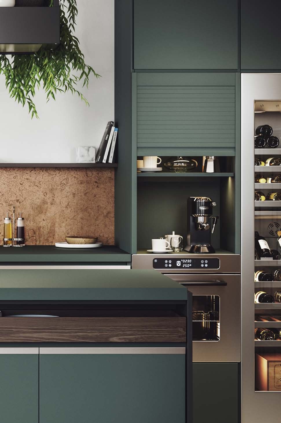 Cucina con serrandina per mobili in finitura opaca verde oliva, su un vano a giorno